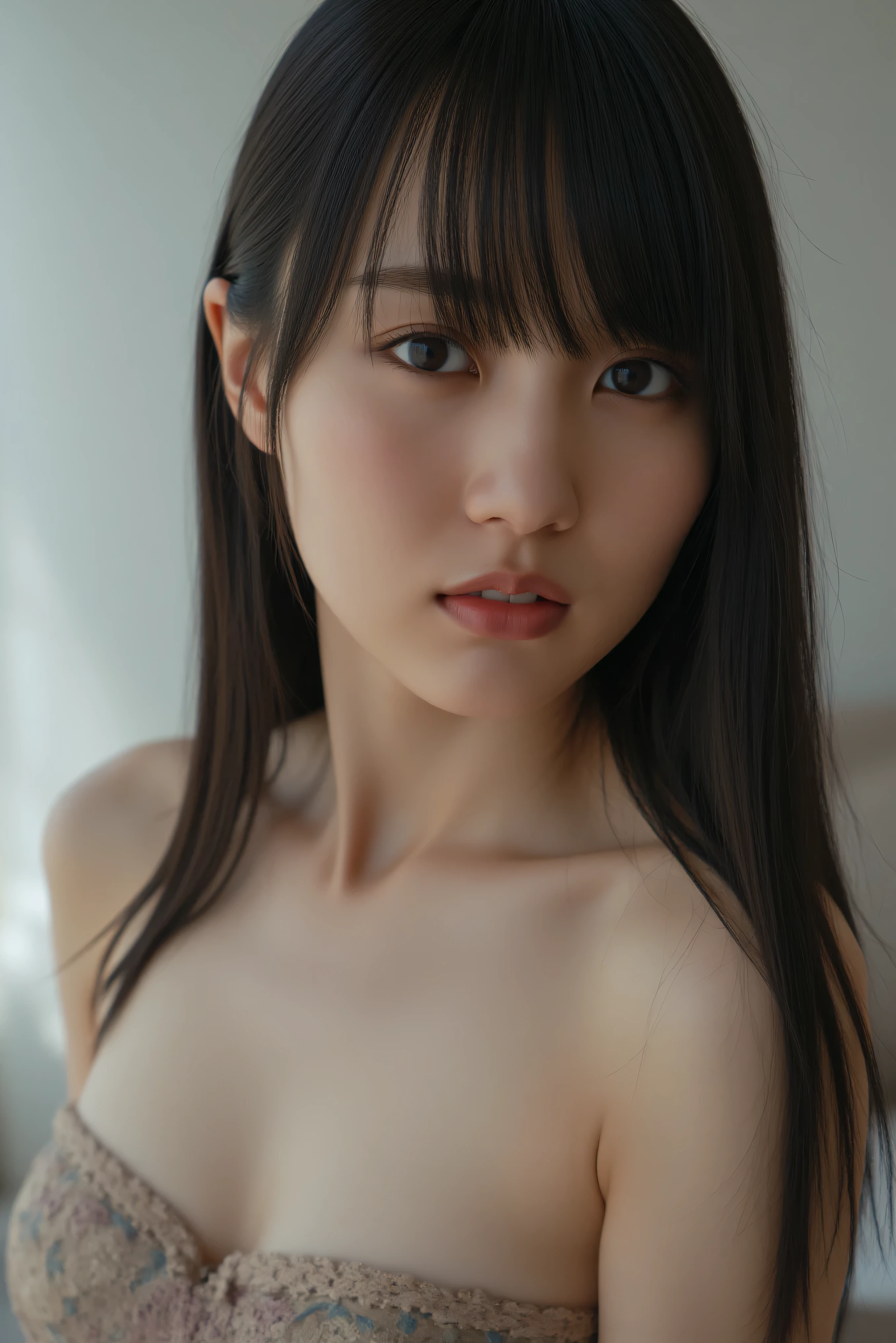 (((((upper body shot))))),((((())))),(((()))),(((sagging breasts))),Ultra-high resolution,big eyes,Japanese,(forehead),(a girl),(1 girl),((17 years old)),((cute)),pretty,earring,((facing at viewer)),necklace,arms behind back, indoor