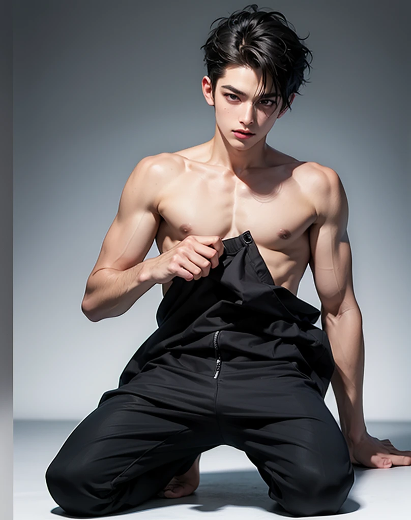 ((High quality)), ((masterpiece)), ((highly detailed)), perfect face, realistic, ((man)), ((Asian)), full body, young, 20 years old, black hair, comma hair style, ((handsome)), detailed eyes, beautiful detailed nose, realistic body, realistic light, comfortable exprssions, cute guy, sweat guy, cool guy, young, muscular body, black pants, realistic leg armpit hair, socks