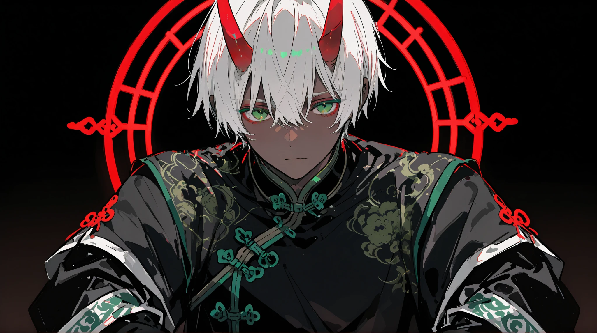 Japanese Anime，Gothic Art，(((1 Boy，独奏，third eye on the forehead，Dark eyeshadow.Middle-parted white hair-super short hair，Elf ears))),(((Gorgeous Japanese red kimono：1.6，Eye Diagram，Dark Pattern))).(((Thin waist，Greenbelt：1.37)))，Soft and elegant colors