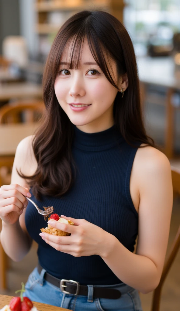 (art by:Super sexy and super cute Japanese Adult Cute:1.5), Daytime in autumn  , 1 persons , Cute woman showing her teeth and smiling, Hair color is brown , Hair is semi-long length to the shoulders,  マイクロハイレグBikini with ピザ print、Super big、 excitement、(((アフタヌーンティー)))、Outside a medieval European-style café , tea parties、a cake、 macaroons、donut、cookies、black tea、cute little、Cute 、Dolce、fluffly、Dolce、Pale shades