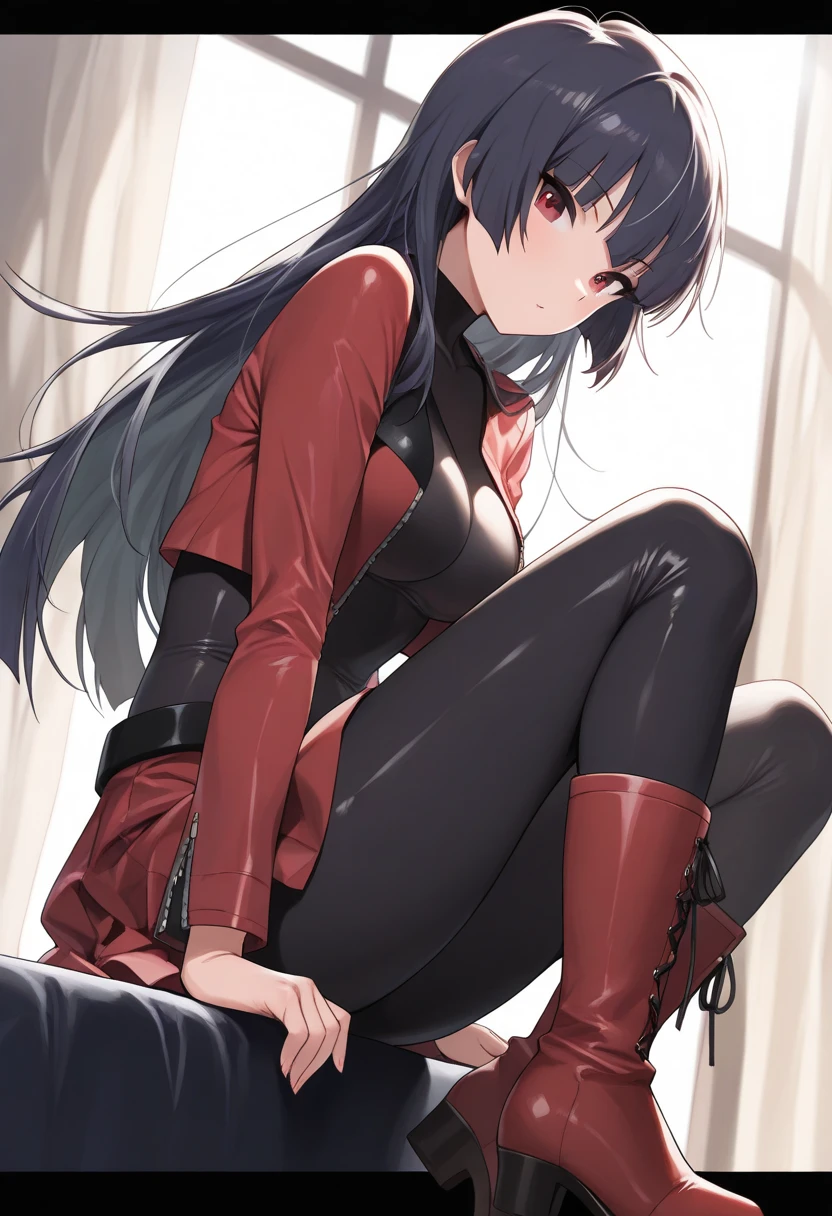 (highest quality:1.2, Anime artwork, Very detailed, High Detail, digital coloring, High Contrast, masterpiece:1.2, highest quality, Best aesthetics), 8k,masterpiece, cute,tall,beautiful,best quality, 1lady,black hair,long hair,empty eyes, (finely detailed empty pupils and detailed face),,,,extremely detailed cg unity 8k wallpaper,solo,( military costume:0.9),large breasts, smile,military hat, thighhigh,large breasts,black hair,pink eyes,pink leotard,pantyhose,military coat,enamel suits,grossy lips,sitting,bust shot,sadistic smile,,heel,shiny skin,military coat,detailed face,beautiful body,full-body,adult,