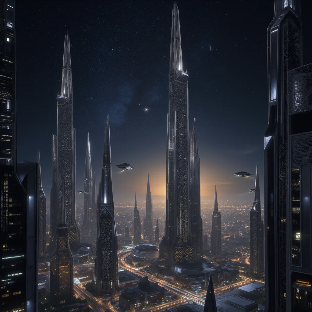 futuristic city with broken moon, glass buildings, flying cars, planets appearing prominently --auto --s2