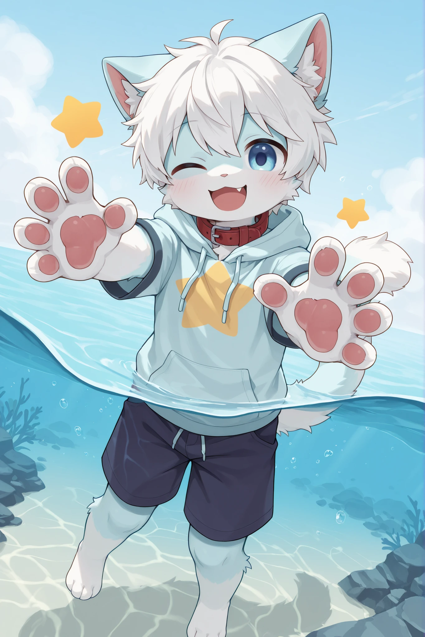 A white cat sitting on a swim ring in the water！,A cat posing while sitting on a swimming ring,Wear black jumpsuit , Nice tail！！There  an island behind，china blue eyes,  cat on swimming ring, With cute doting eyes