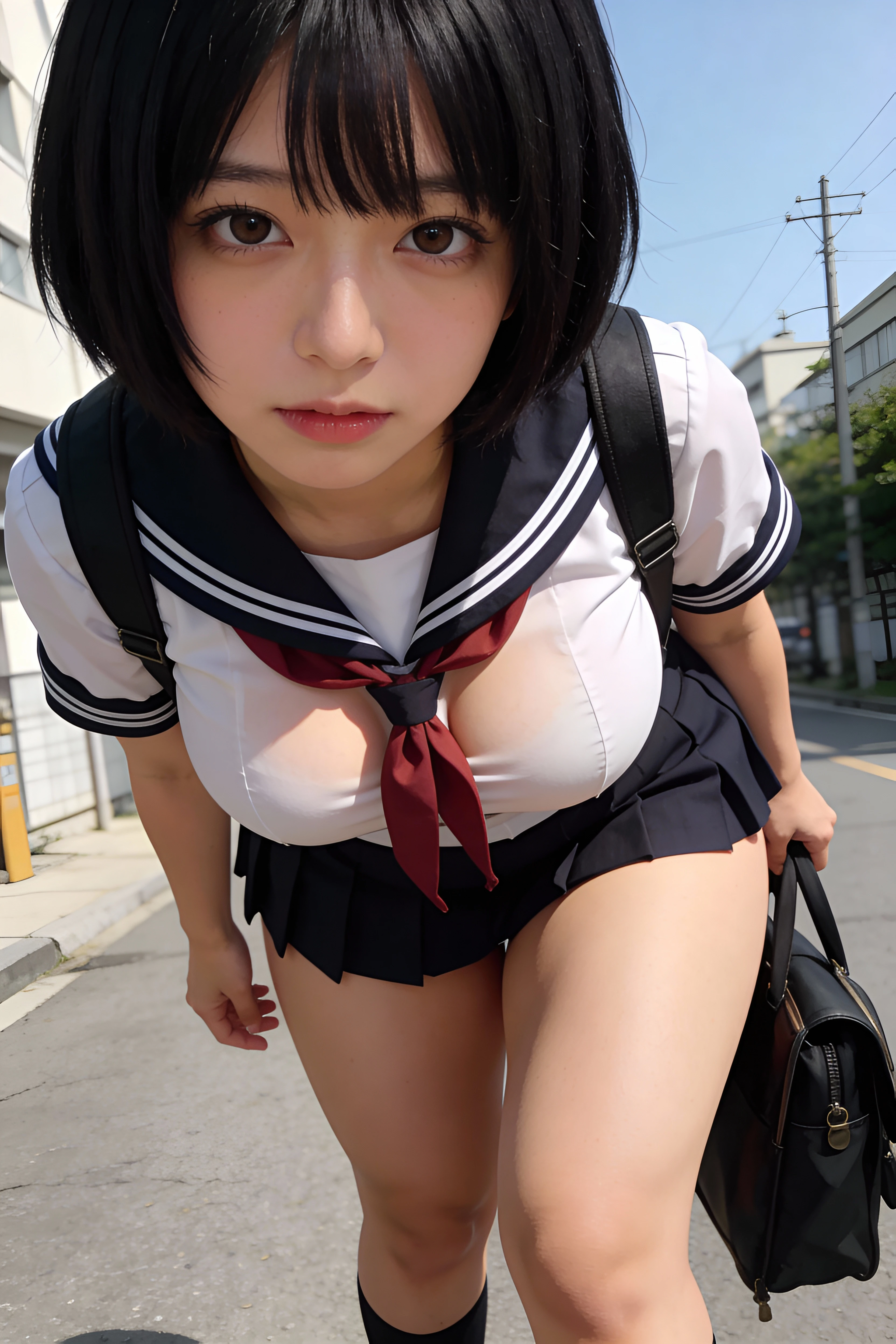 hight resolution、high-level image quality、8K、生a picturegraphy、top-quality、​masterpiece、masutepiece、、Pupils、Lilac  with lace material,white-skinned,kne、(((big breasts 
White  pantyhose)))、Detailed  patterns、 focus、Lace Material: Lilac 、Tiny lilac 、low angle shot from below、absurderes,a small face、huge-breasted、Parting the bangs from the middle、Forehead visible,(a cold expression<The eyeがきつめ,glares,Bullish,Thin anger)、​masterpiece,top-quality、超hight resolution,生a picture,ren,Beautiful fece,one person, solo,Dark look,Small breasts,fullllbody、Very nice、JK ,hi-school girl,A Japanese Lady,is standing,（Photorealsitic：1.37）、Photon mapping,Pink ribbon,Realistic、Cute little face,brownThe eye、Black socks、18year old、(Red bow tie)、Radio City、Physically Based Rendering、Foreground、depth of field rally background、a picture,girl with,beauty legs, Long legs, Thin leg,Long bob cut,(Bangs are visible), hair, s lips, blue_The eye, nosesoft,(Lilac shirt), (Navy pleated skirt), I can see kne,Sheer clothing,, Thigh, Black cotton socks,Nogizaka Idol, , Japanese ido、Sparkling eyes、shiny s lips、