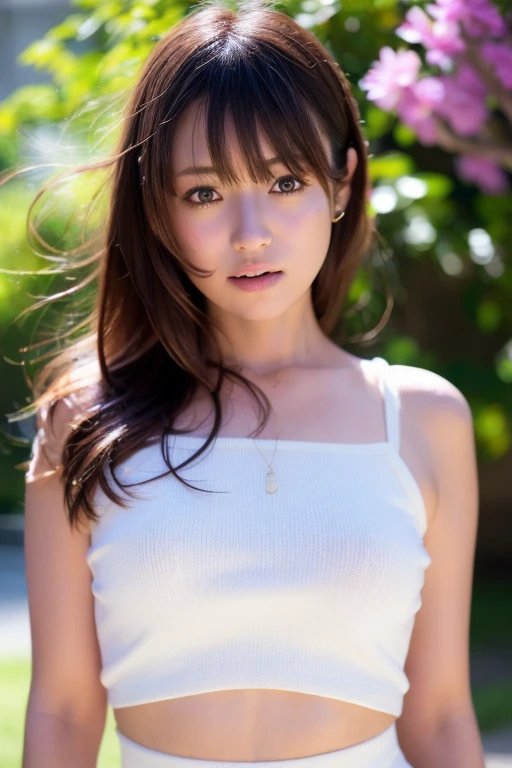 ((((detailed explanation)))),(((masterpiece、Highest quality、Very detailed:1.42、Focus on the eyes)))、Female in her late teens、Portraiture、Blurred cityscape at dusk、Silhouette of buildings and street lights Long dark brown hair、natural wavy curls、The wind is blowing softly、Hair falls down the side of the face、Skin is smooth、Healthy olive color、The tan lines are faintly visible、Natural redness on the cheeks、I have a few small laugh lines on my forehead.、Eyes with dark brown irises、The pupil is shining, Reflect light、Long curled eyelashes、Accentuate the eyes、Eyebrows are thin and trimmed、Natural Arch、Small Nose、straight、straight nose、lips are plump、soft pink lip gloss、Ultra-thin camisole、Barefoot and  legs、A simple silver bracelet on her right wrist、A small diamond earring sparkles in her left ear...、The expression is calm、Be confident、smile、(((Emphasize the contrast between light and shadow)))、Realistic textures and  details