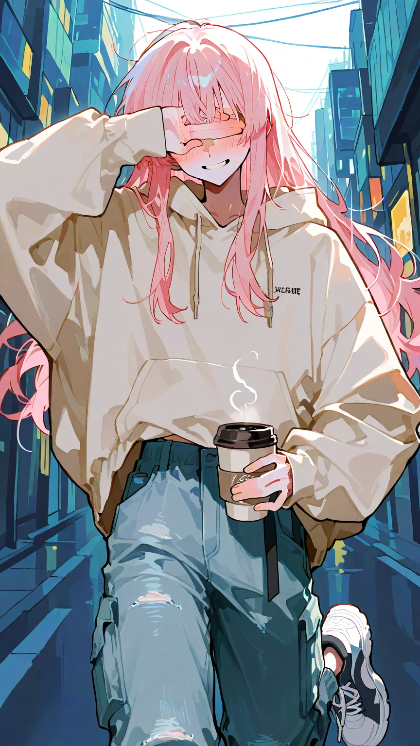 Skinny, light faded long pink haired girl, wearing a white shirt and shorts tired, wearing glasses, older, in a  position  in her mouth, , 