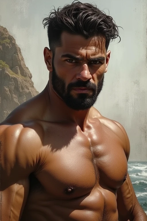 realistic:1.3,( photorealistic, 8k, RAW photos, Premium quality, masterpiece, epic lighting. Full body, centered image), (close-up), ((1 handsome man, self-confident South American, perfectly detailed face and body , (close-up), sunny scene, lots of lighting, dynamic pose lighting, beautiful and detailed hair, urban clothing, 2 full body photo, sea view