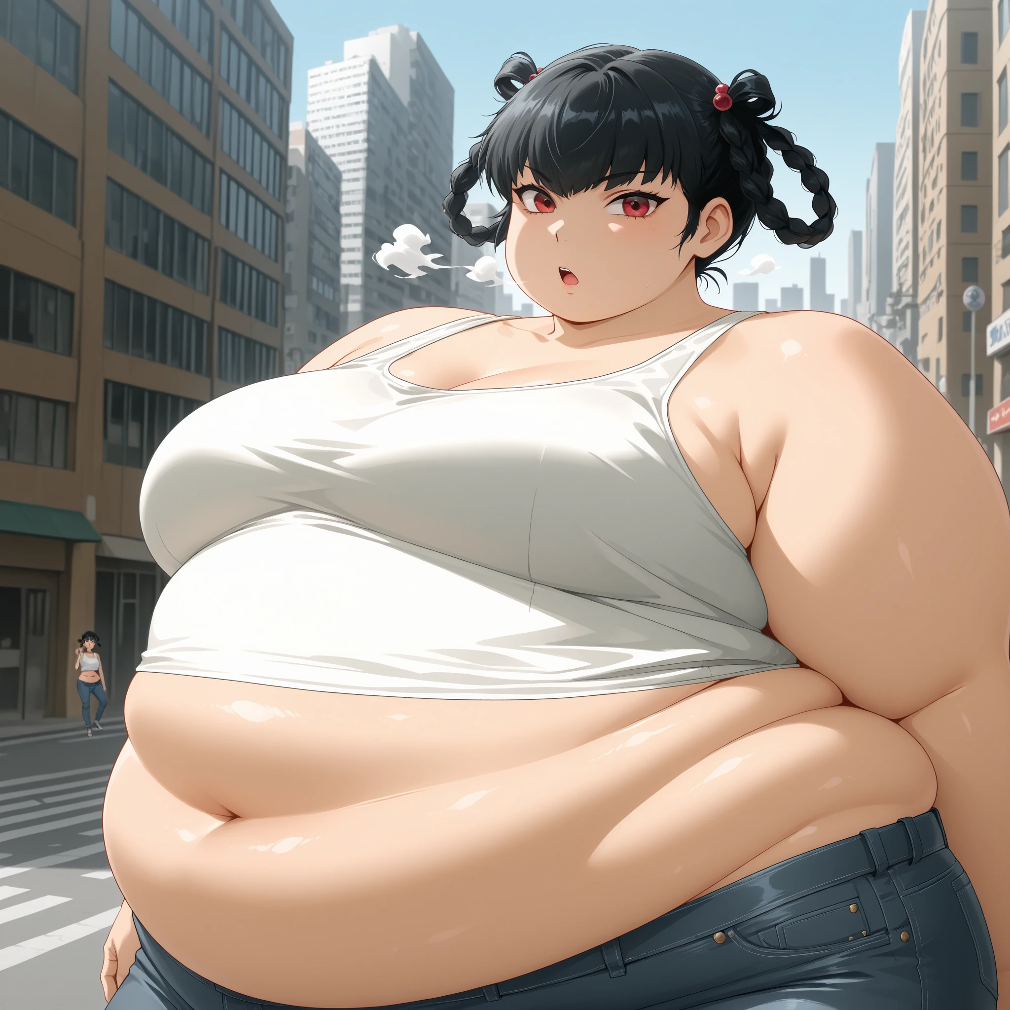 anime figure of a woman in a bikini posing in a yard, small curvy , Chic,  oppai proportions, heavy detailed, hyperrealistic full figure, highly detailed full body, large thighs, full body portrait of a short!, a pretty slender young girl that ultra thick only thighs, very a lot of thigh fat, very plump thighs, super fat thighs goddess, super pear shaped goddess, heavy bottom, massive legs, insanely inflated hips, voluptuous body, ((thighs that chunk of fat:1.3)), (ultra huge thighs:1.3)), ((ultra small abdomen:1.3)), very narrow waist, very small waist, ((ultra small breast:1.3)), ((ultra slight shoulder:1.3)), ((ultra huge lower half of body and ultra- thin upper half of body:1.3)), (ridiculously massive thick thighs), ((unbelievably huge curvaceous hips)), ((extremely huge voluptuous thighs)), leg garter cut into thigh, thigh fat be pushed out short pants, earring, anklets, leg garter, Bracelet, necklaces、, Gorgeous, elegantly, beautifulface, ((super fatty thighs:1.3)), ((Head to Toe Image)), all body, thigh focus, sthe highest qualit, 8k, masterpiece, Super Detailed, pfotorealistic, only one girl