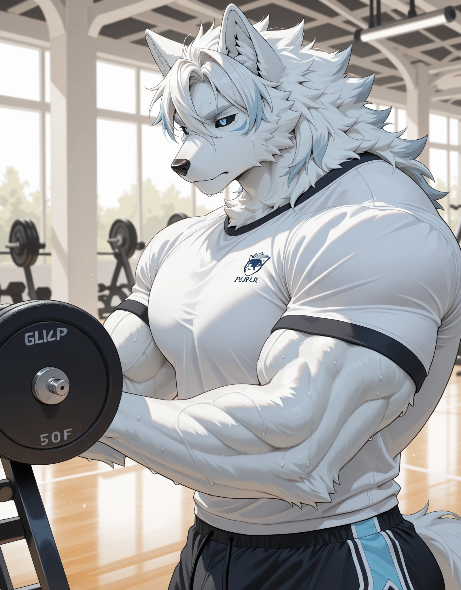  One tall Polar Bear with big muscular body in a huge white fur  and  with light blue MMA shorts MMA gloves and a MMA foot wear, veiny, at the gym, MMA Training punching and kicking