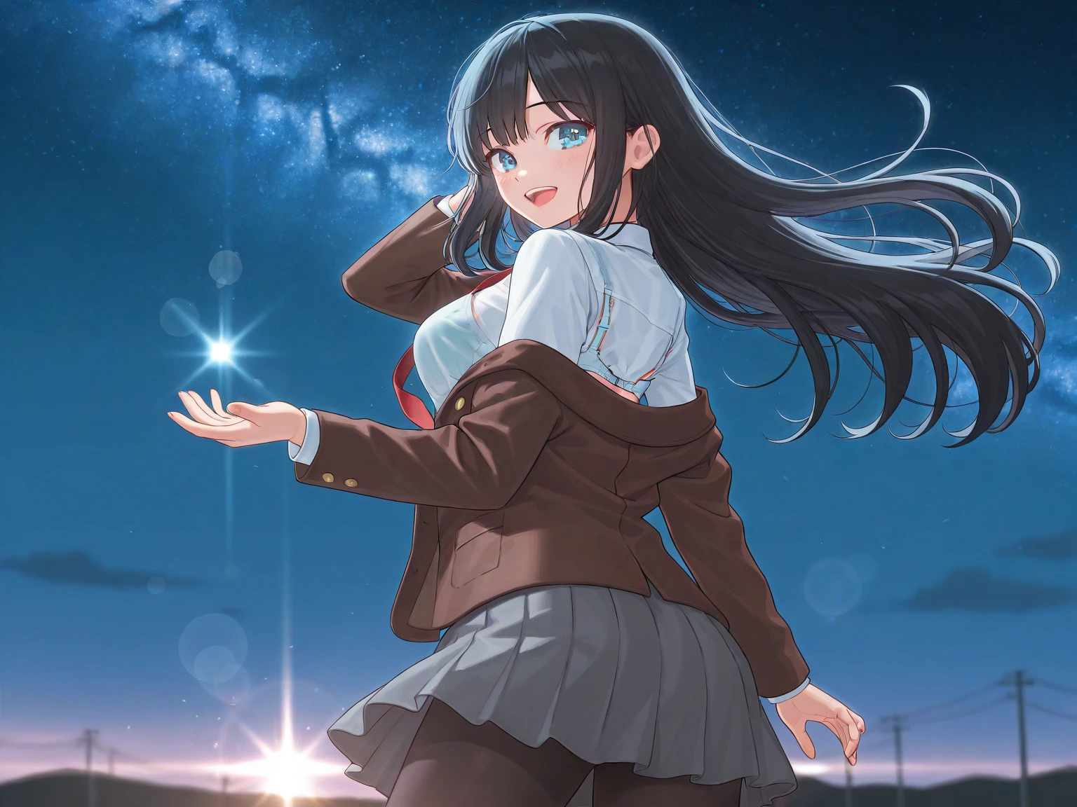 Adult Girls。cute、City of night、Looking up at the stars in the sky、A little smile、Composition from below、Tons of stars、Dancing pose、Fluttering skirt、A little bit of white 、