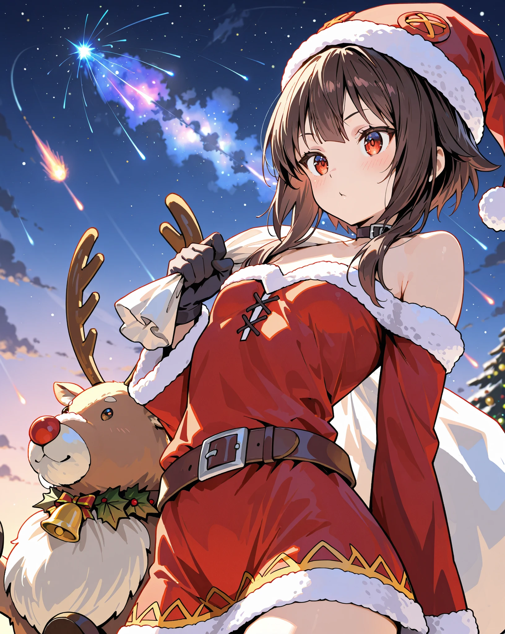 (top-quality:1.3)、(masterpiece:1.3)、(hight resolution:1.3)、Beautiful girl alone、(Flying over a residential area:1.3)、Christmas、Yuki、(Bright bronze hair:1.3)、(Medium Hair)、(Starry sky in the background)、A detailed face、grin、Orange Eyes、(Braids)、、(Navel Ejection:1.3)、(demonic horns:1.2)、Devil's Wings、(Christmas Costumes:1.3)、(Two-piece)、short skirt with fur、Santa's Hat、Bright residential area、(illuminations:1.2)、Black boots、floating gift box、Outside、From above、white knee-socks、Lustrous skin、FULL BODYSHOT、BREAK reindeer doll、BREAK snowman doll