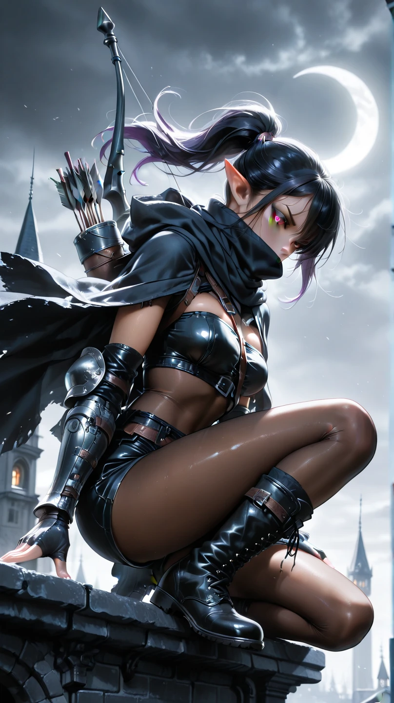 1girl, russian face, slim cheeks, looking age 23, brown eyes, long brown ponytail highlights hair, wearing black facemask, black cape red dress, black skirt, black high boots, castlevania, absurdres, high res, ultrasharp, 8k, masterpiece, looking at viewer while winking