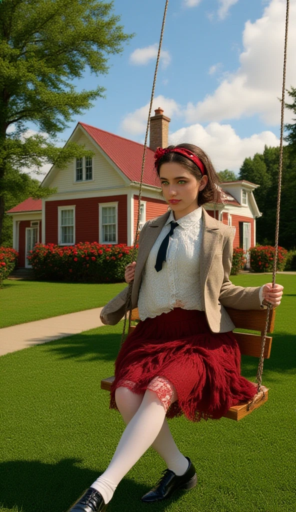Emma Watson wearing gryffindor uniform sit on the driver seat of a modern bus. She is smiling and driving the bus, the bus has windows and door