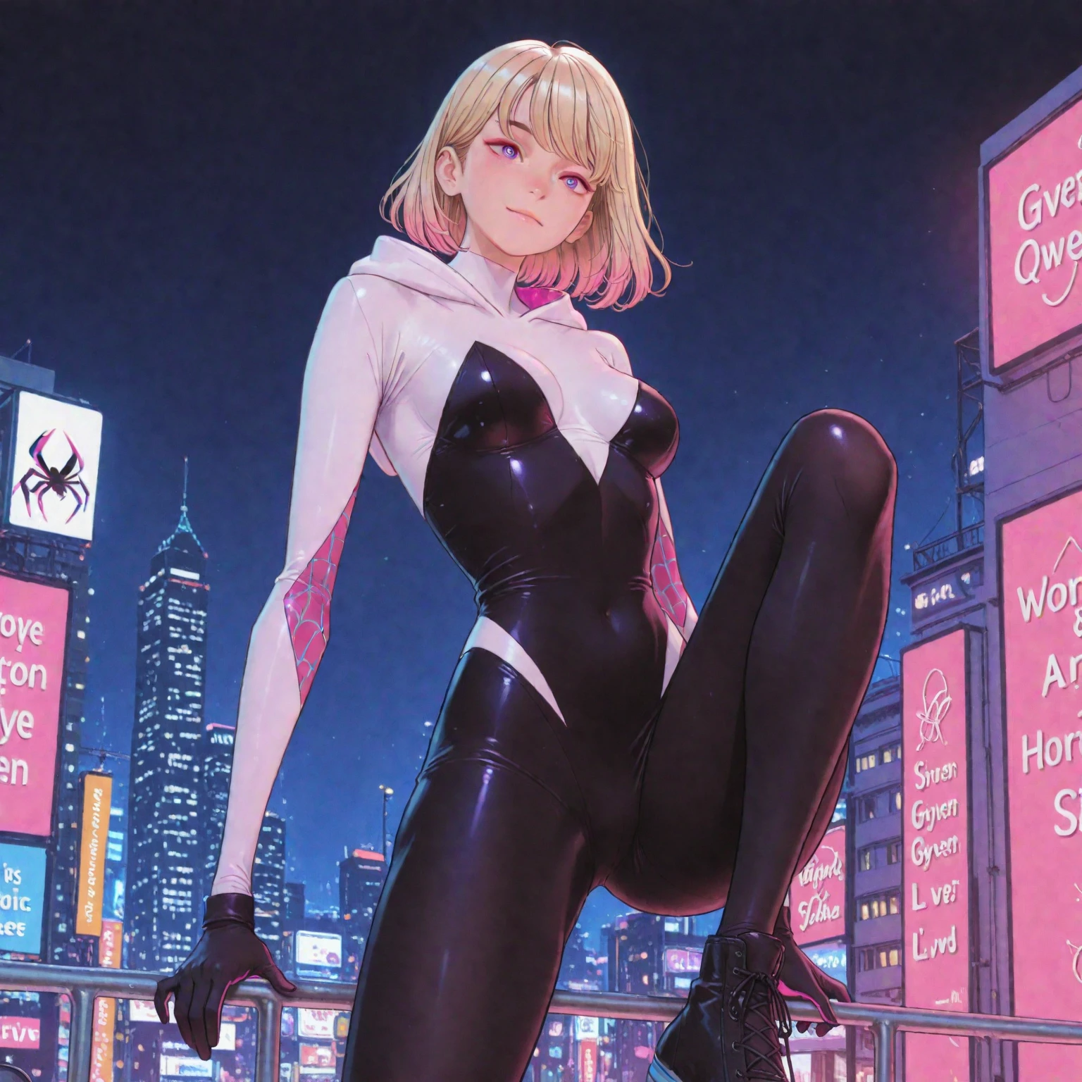 1girl, swimmer, (beautiful face),(blonde hair),

(medium breasts),straight hair, ponytail long hair, colored inner hair, neon_pink_eyes, intricate eyes,beautiful detailed eyes,symmetrical eyes, wet legs,(spider lower abdomen, narrow waist, wide hip, athletic body, slim legs, slim thighs, perfect body, (detailed face),

cute,slutty,seductive,erotic,nsfw,

zettai ryouiki, (one-piece swimsuit), magenta, magenta armor swimsuit, wet clothes, intricate outfit, intricate clothes,

(dynamic pose:1.0),embarrassed,centered,scale to fit dimensions,Rule of thirds,

cyberpunk city by the ocean at night, with bright neon signs and dark stormy clouds and puddles, scenery:1.25,

artistic photography,,high-res, sharp focus, ultra detailed, extremely detailed, photorealistic artwork, extremely detailed CG, synthwave background,vibrant colors,intricate background,masterpiece,best quality, 4k