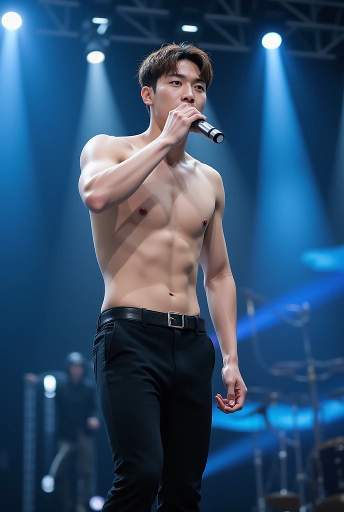 (8k, RAW Photos, Highest quality) masterpiece, 1 teenager, 18-year-old, Asian Muscular Man Watching the Viewer, Stand in front, Exposing his huge muscular chest, Puffy , Sexy Six Pack, Tight waist, good looking, , A man wearing  ,  Gradient Background, Shine & Sequin Backdrops , Cinema Lighting, Ultra-high resolution , KPOP idol