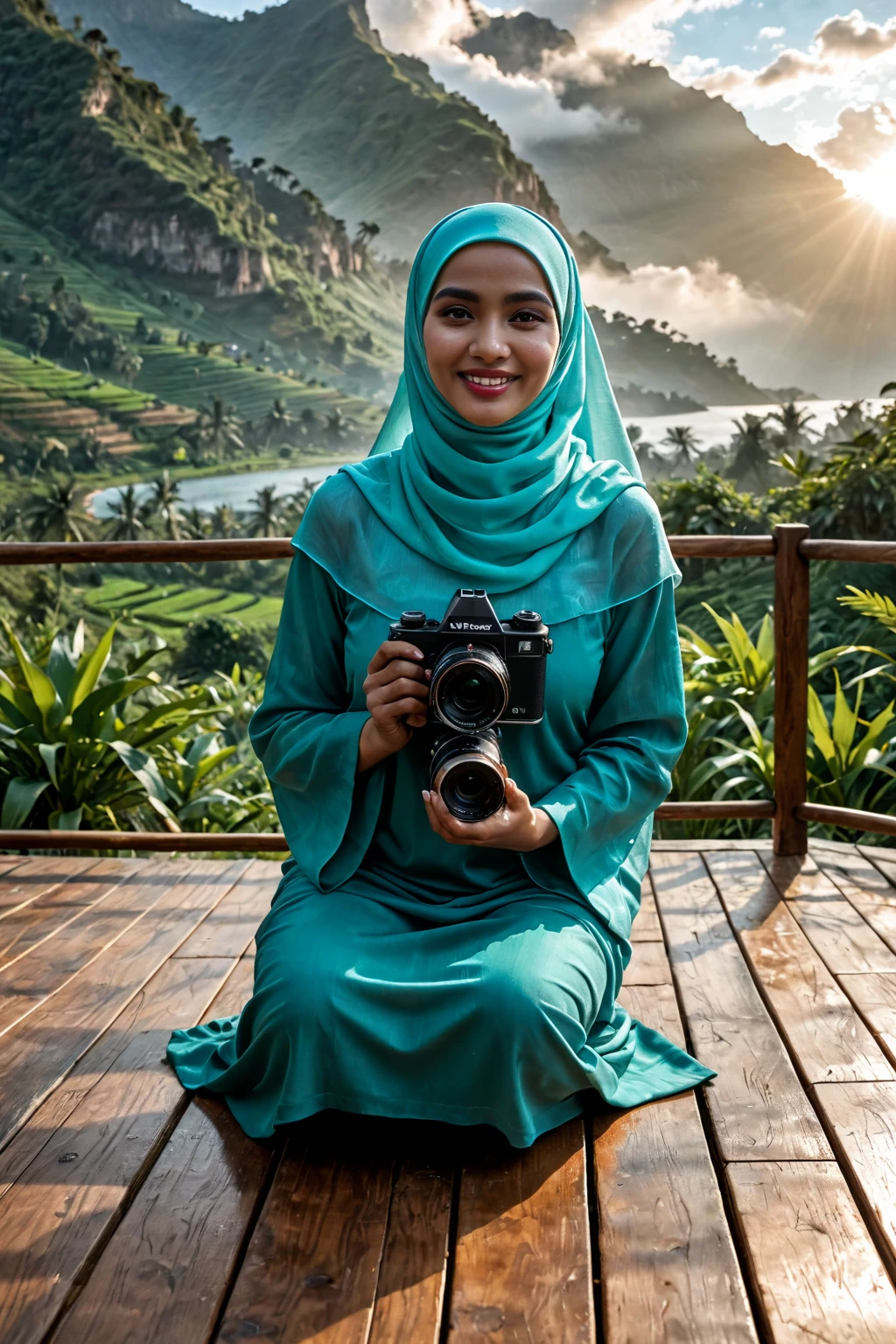 make an original photo of a beautiful young Malay woman with a clean and soft face,Wear long clothes ,casual pants ,Hijab , wearing sneakers ,standing pose /walking full body while holding the camera 📷,beautiful natural scenery background, river, waterfall , log cabin, bridge,river air bening ,there are green plants,flower ,red betel plant, Lotus , there is a swing ,flying bird, realistis HD high-quality photography, high focus, long shoot cinematic,32k. 