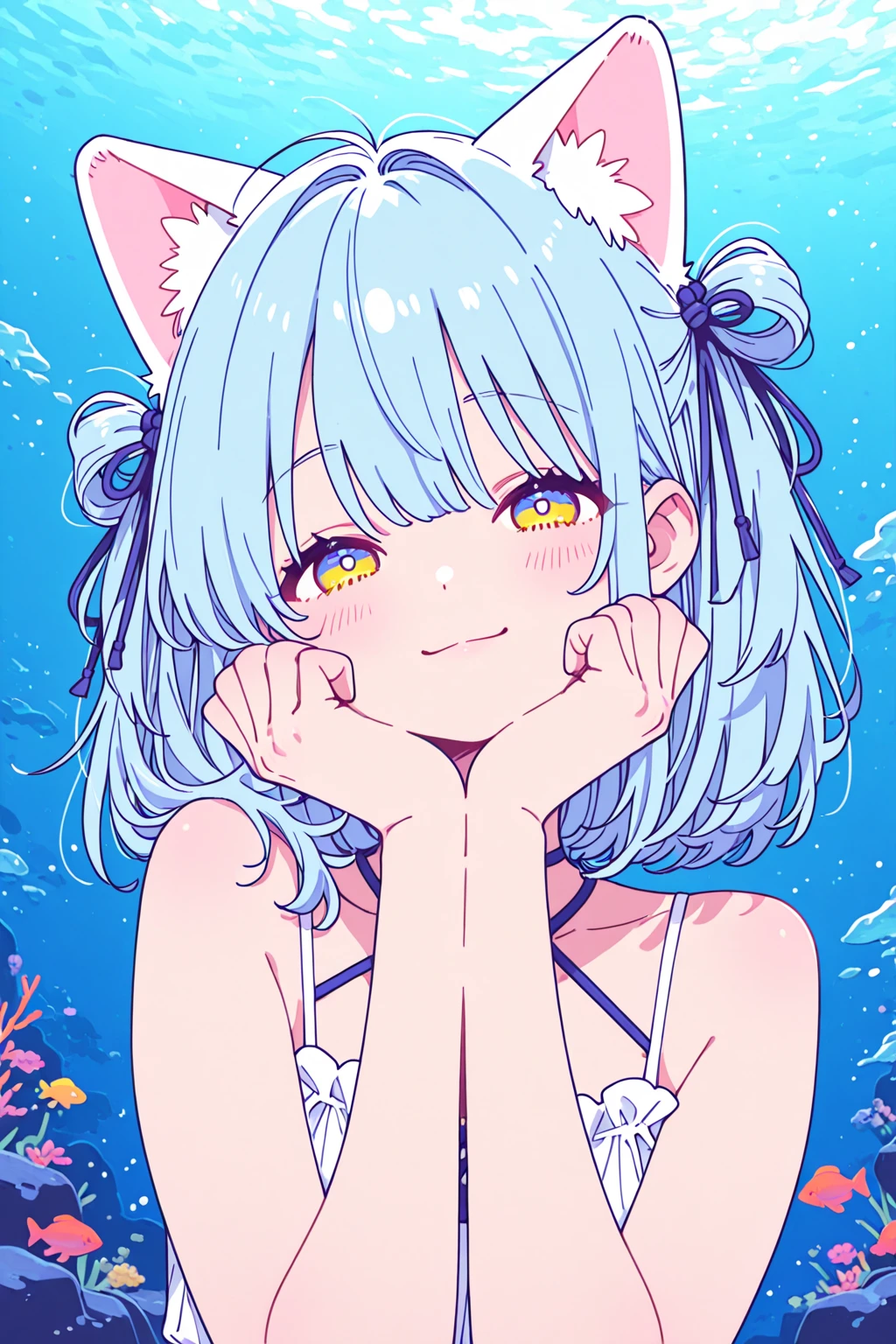 A girl with pink hair and a cat ears is standing in the water - SeaArt AI