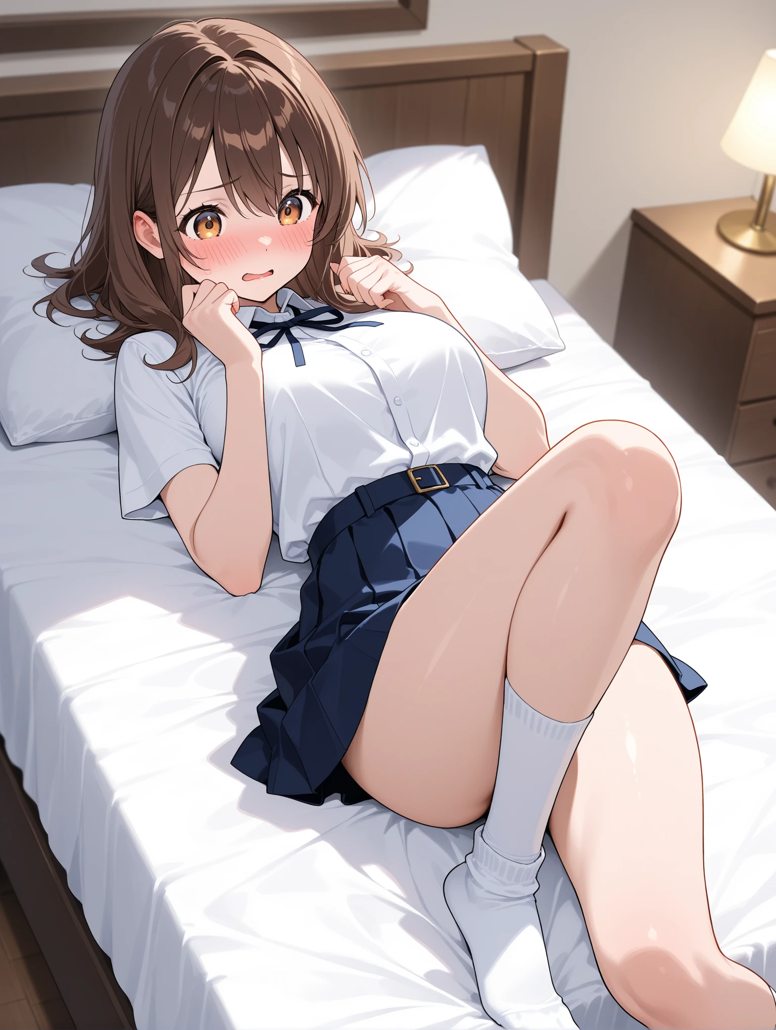 (Tabletop、8K、masterpiece、Highest quality)upon、((Half Up、))Cookie Hairpin、Brown eyes、Brown Hair、length、Fluffy hair、Delicate eyes、Brown outerwear、Light brown sweater、((Scared))、(((cry)))、(, 1boy, , lying, vaginale, ass pov, , , )、nose blush、steam, Shiny Hair、Very fine and beautiful bright eyes、Very detailed, clear and beautiful face, Awards, Anatomically correct