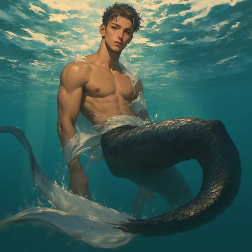 well-built 20-year-old male mermaid, long wet hair, under the ocean and a lot of fish in the background. The lighting is cinematic, with deep shadows and highlights, 