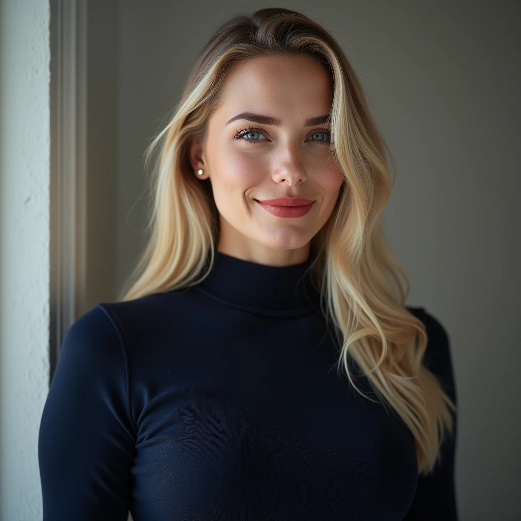 photo of a skinny blonde teen  wife, bimbo style hair, She wears: (turtleneck high ribbed dark blue tight sweater:1.1),   pose, high tight ribbed neck,  smile, perfect fake tits, turtleneck top