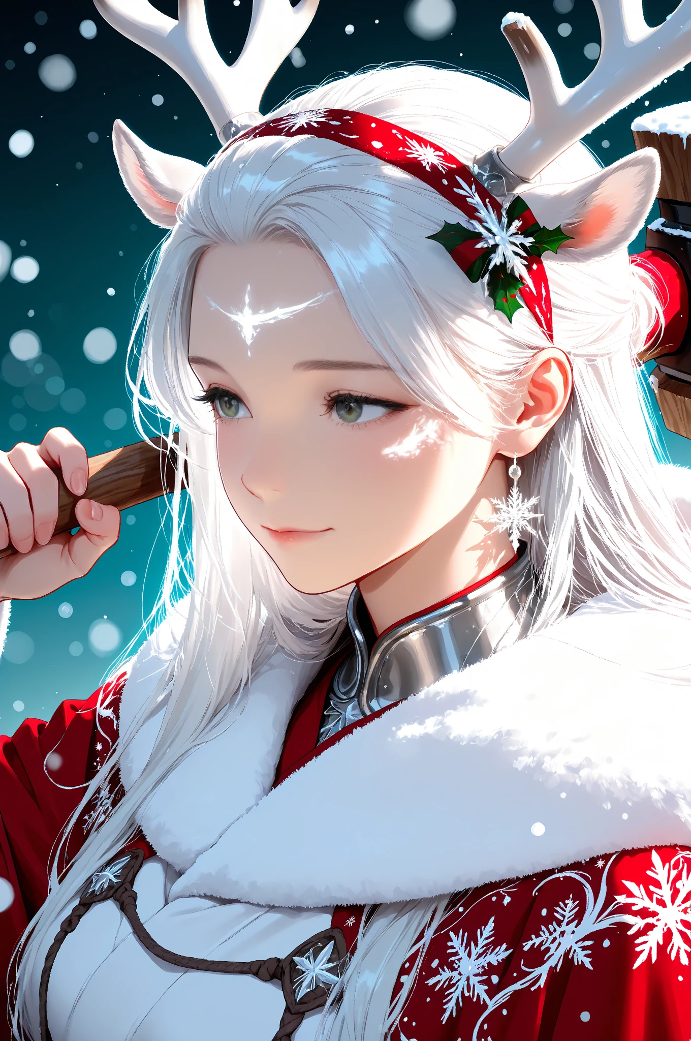 snowy mountains 々Surrounded by a lakeside 、Hair flow、 (( top quality、 masterpiece 、8k、 Upside Down 、 super high resolution 、 Award-winning works )、( accurate :1.1)、( Look at me and smile :1.1)、Shining fair skin with super high resolution 、The most beautiful face、 super high resolution detailed face、 super high resolution の髪の毛、( super high resolution の煌めく瞳:1.1)、 Beautiful Detailed Face 、 Santa Claus costume , to , tattoo, with real reindeer nearby