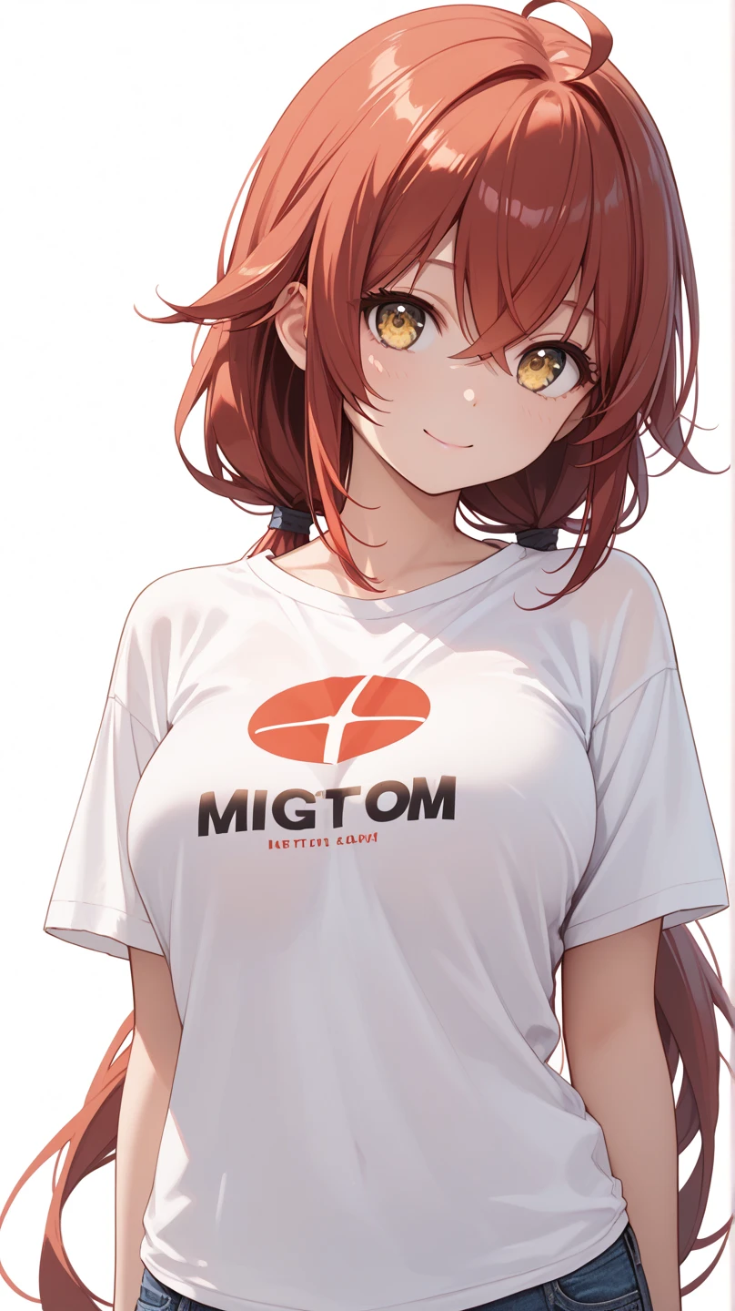 1girl, solo, Flipped-Out Short Bob, orange hair, yellow eyes, short hair, looking at viewers, black t shirt v neck, best quality, highly quality, big fore head, smiling, Masterpiece, beautiful art, professional artist, 8k, very detailed face, very detailed hair, jeans, cleavage, cute smile, upper body, cowboy shot, medium ??????, frekles, Anime style, simple backgrownd