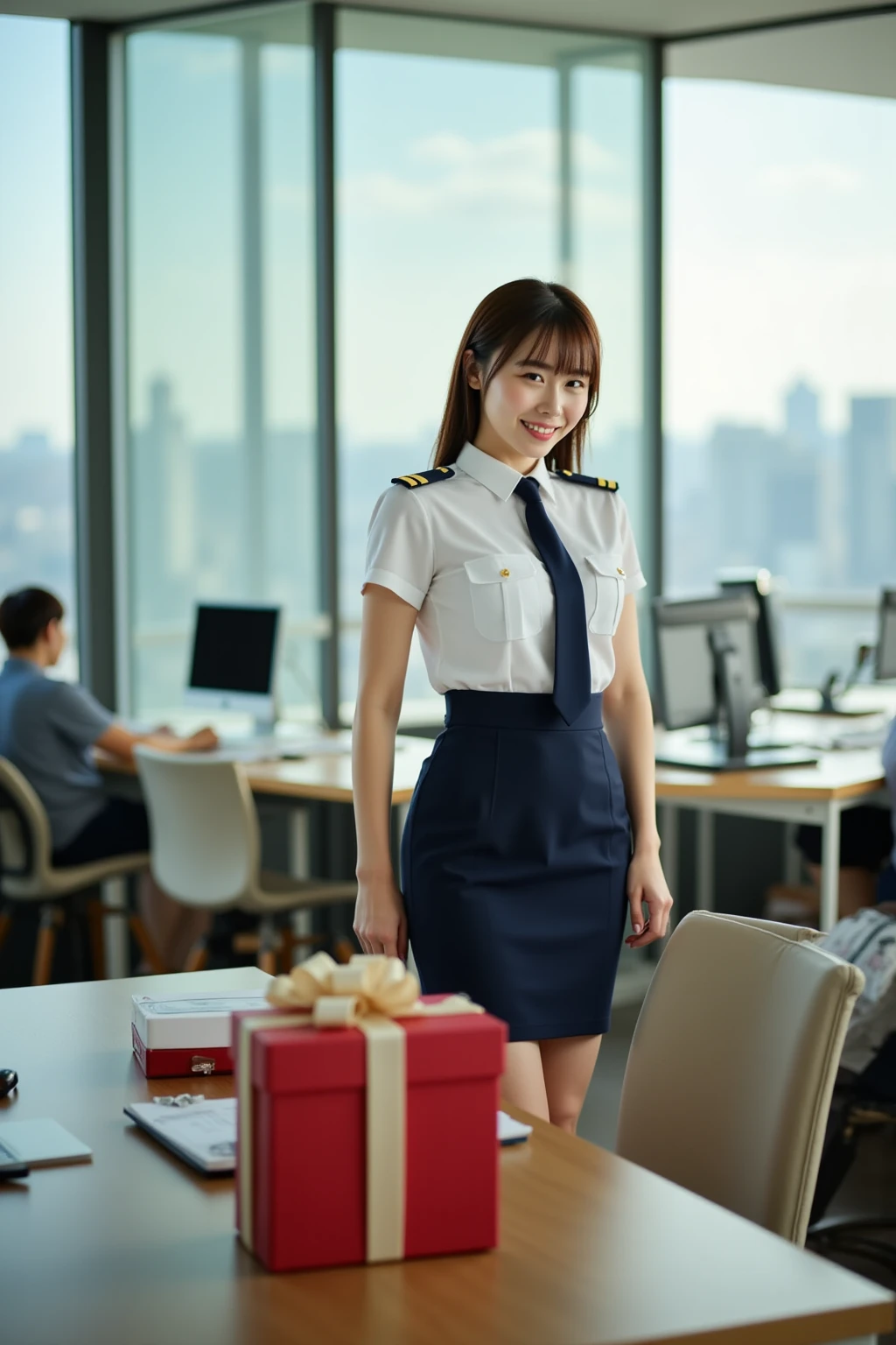 (a gorgeous lady, age 21, Flight Attendant uniform, Shenzhen Airlines Stewardess, wet white shirt, wet red , kneeling in bathroom, dimpled smile, short ponytail hair, short bob hair, cute snaggle-tooth, well-endowed round , long flawless legs, photorealistic, beautiful detailed eyes, beautiful detailed face, hyper-realism, high contrast, ultra HD, realistic skin textures, top image quality, top-quality, super high resolution, fine details, very meticulously, close-up shot, head to thigh, masterpiece, romantic night, dark bokeh background)