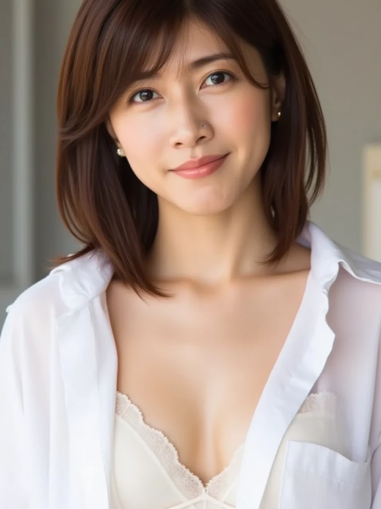 Masseter Film, highest quality, masterpiece, High resolution, realism, Original photo, 8k wallpaper, perfection, Professional Lighting, Very detailed, Written boundary depth, ((Very beautiful woman)), ((40 year old woman in  see-through )),,  ((A kind smile)), Detailed face, Beautiful Eyes,, bangs, She has  and a nice figure, ( look),, (Thick lips),Seduce,Sit on a chair,View from the front,Sit on a chair,I was so excited,Shooting from below