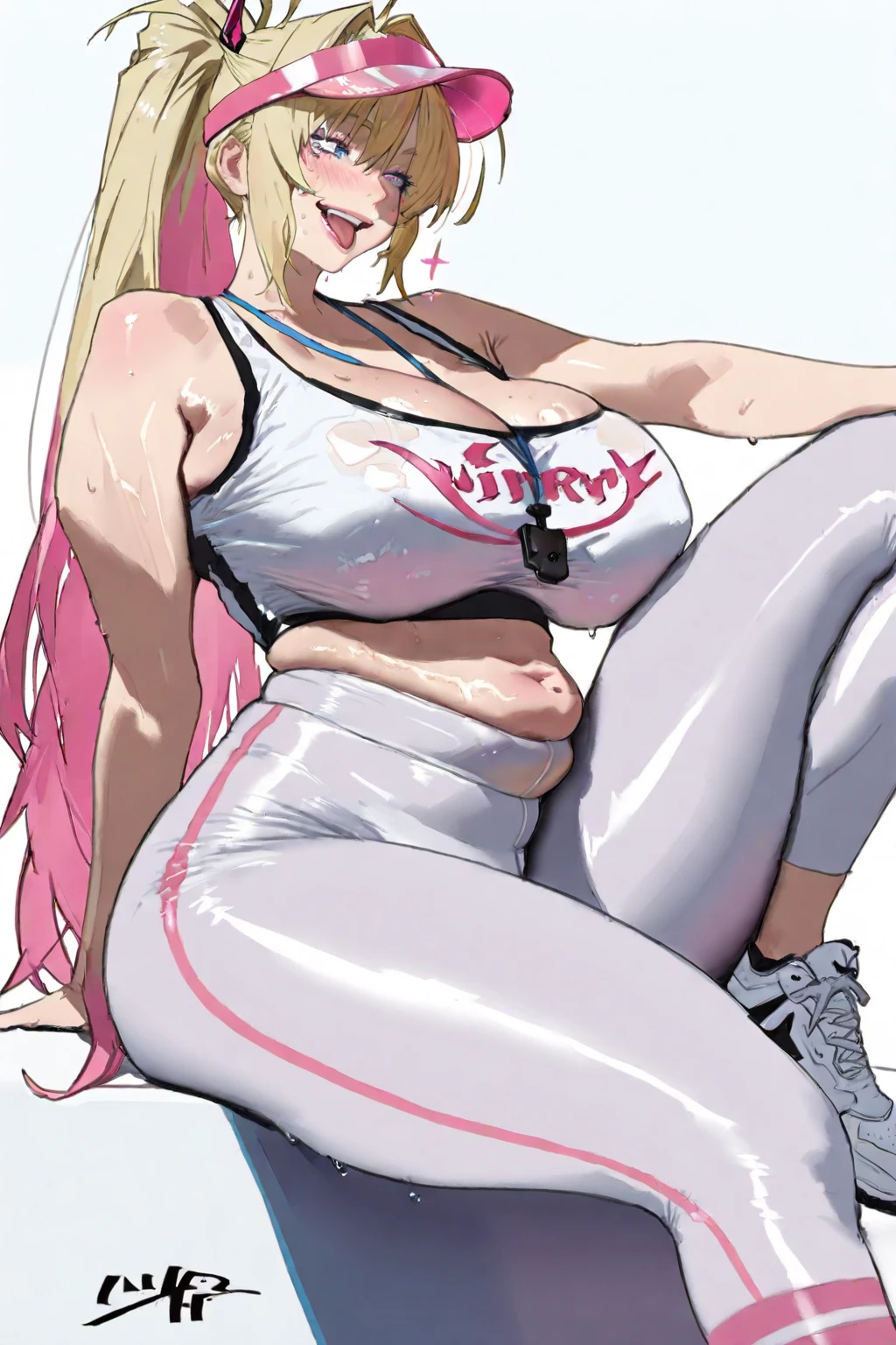 sfw,p1nk2p13c3,  shoulders, off shoulder, sports gear,  arms, pink pants, Fr3ckles,  very long ginger hair, long hair,  grey eyes, white background,porning,character sheet, massive :1.5) and Fit body)),kim Kardashian| Nicole Shea|yelan