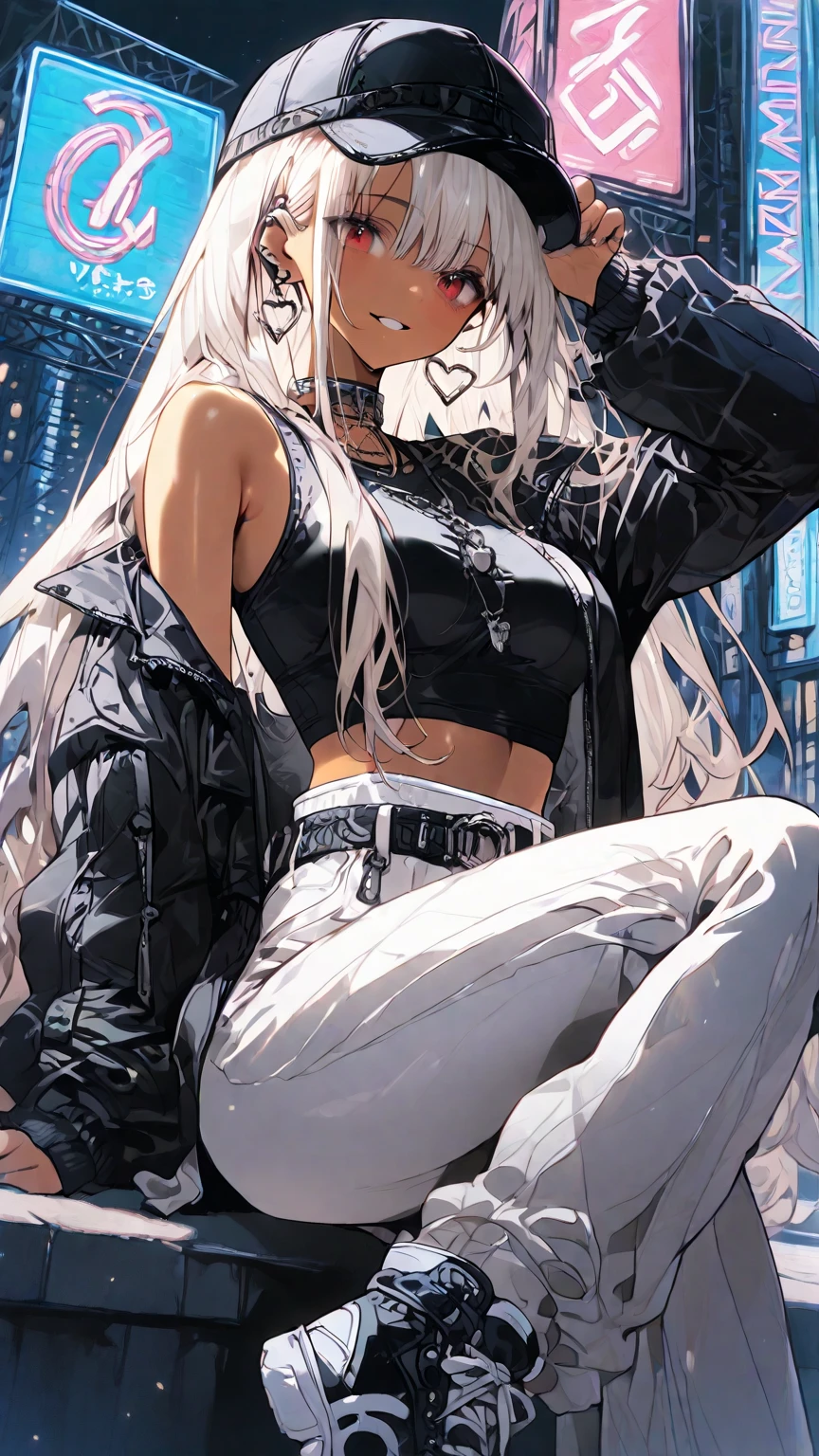 A dark-skinned woman with silver hair in a ponytail, Wearing a black dress shirt and slim jeans,　Preparing an eel　Showing your belly button