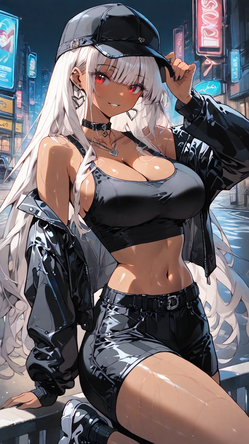 A dark-skinned woman with silver hair in a ponytail, Wearing a black dress shirt and slim jeans,　Preparing an eel　Showing your belly button
