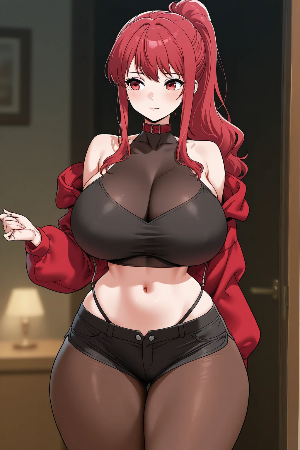 A tall beautiful cool woman with a big , long wavy red hair, her round red eye shines with a big black eyelash, she wears a metallic black corset bra and a red shirt, her body shows her navel and long navy blue pants.