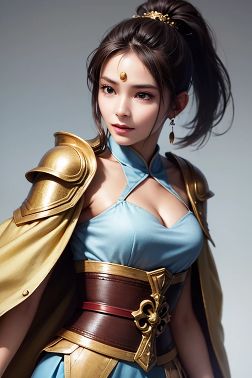 Official Art, Unity 8k wallpaper, Ultra detail, Masterpiece, Best quality, One woman,Beautiful jewels all over the body, (Very detailed),(RAW photo, highest quality),(Realistic, Photorealistic:1.3),High definition, ultra-detailed complex 3D rendering of face, (Big breasts: 8.8), (Highly detailed skin: 1.2), (Exposure: 1.1), Beautiful Caucasian woman with big ass full soft breasts and white skin, dynamic angle, mystical expression, fire glow effect, fantasy background, rim lighting, side light, cinematic light, ultra high definition, 8k uhd, film grain,best shadow, delicate, raw, light particles, detailed skin texture, detailed gem armor texture, detailed face, intricate detail, ultra detailed, bright, strong, gold armor, cleavage, holding glowing weapons, holding shields, ((blue hair)), shining black eyes, long red cloak, fantasy, (realistic),