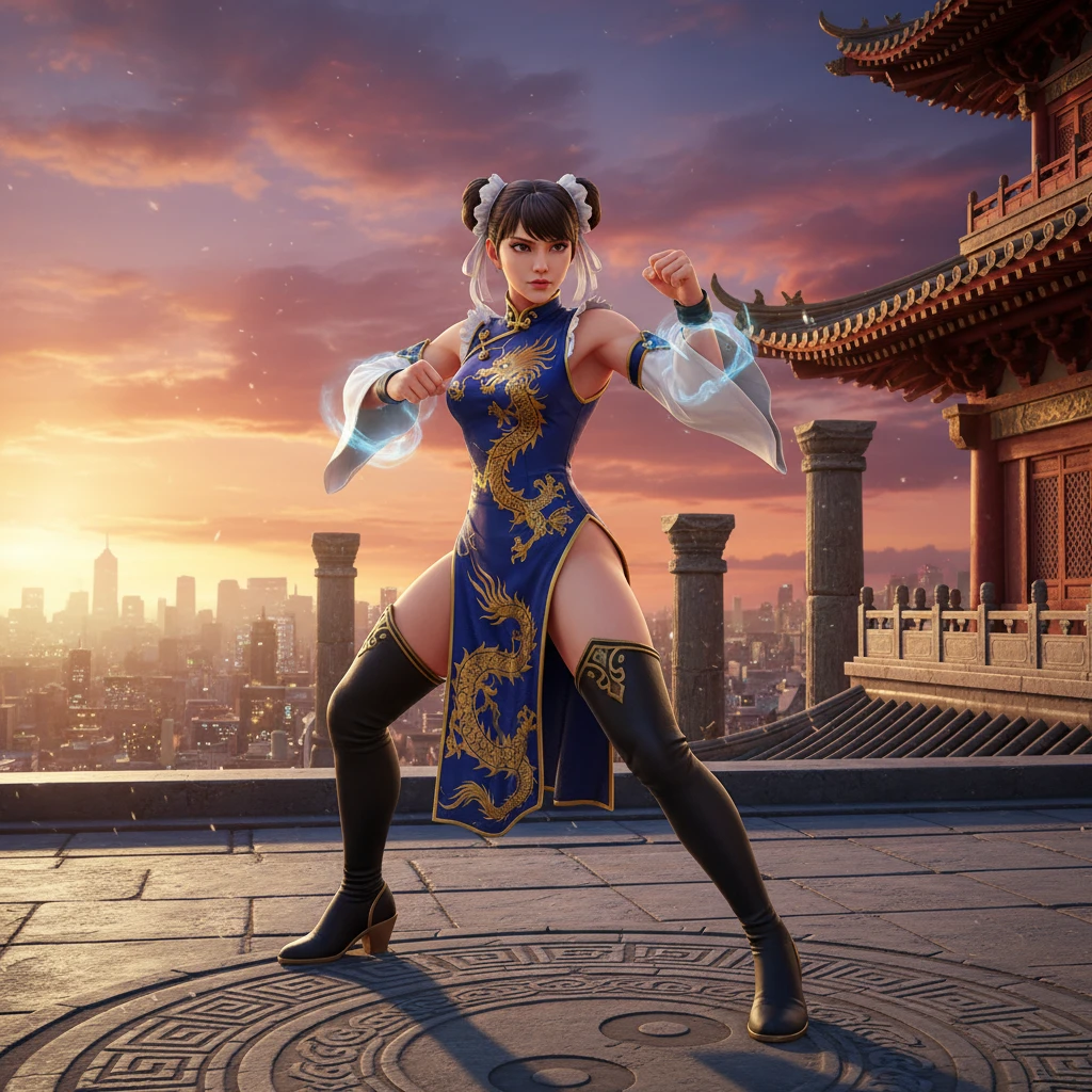 A Stirring, High-Quality Masterpiece of a member of a Ranger Team. The ranger is adorned in vibrant colors: rosa, red blazing in the foreground, violet, green, yellow, black blue, and white. Her dynamic poses exude energy and courage against a background that pulsates with neon, fire, plasma, and fluorescent hues, embodying the essence of the classic Sentai superhero team. The ranger's outfit is sophisticated and modern, the bottom is a , with intricate details that reflect her individual theme. She stands ready for action, weapons in hand, under the hues of a breathtaking sunset, bathed in cin