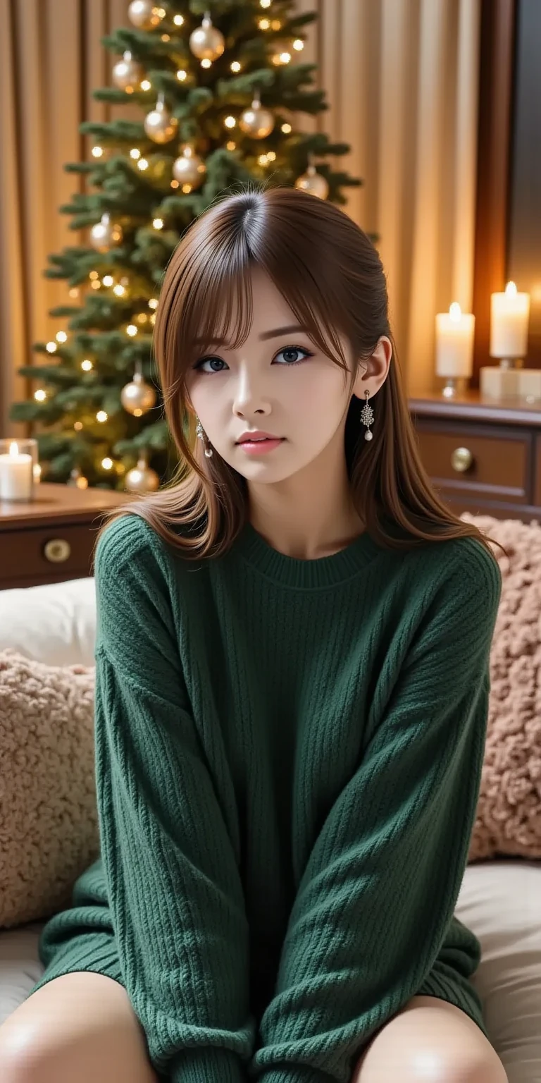 (masutepiece:1.3, Photorealsitic:1.4, 8K), top-quality, ​masterpiece, 超A high resolution, Perfect dynamic composition, Highly detailed skin and  texture:1.3, A detailed eye, Detailed limbs, Winters, snowflakes falling:1.2, Snowfall landscape at night:1.2, 1girl in, Cute sexy 18 year old slim woman, Fair skin, tilt the neck, ((A smile:0.9, Totally captivates you:1.0)), (Yellow-green long-sleeved turtleneck sweater and red scarf:1.2, High waist :1.1), ((voluptuous breasts:1.05)), Short boots, (Facing the front, Squat with your knees bent), (Beautiful blue eyes, Eyes that feel beautiful eros:0.85), Sexy face:0.4, (A mouthfeel that feels beautiful eros:0.85), ((Super  and cute:0.9))