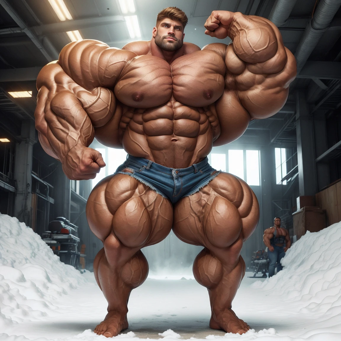 1boy, giant, alone, giant bodybuilder, illuminating light, strong body, bulk, large size, standing, with panoramic background, outdoor, , white triangular , thick bulge, scratch his bulge, extraordinary big, brutalmass, giant muscular body, bulk, buff, massive body, large meaty body size, extremely wide body