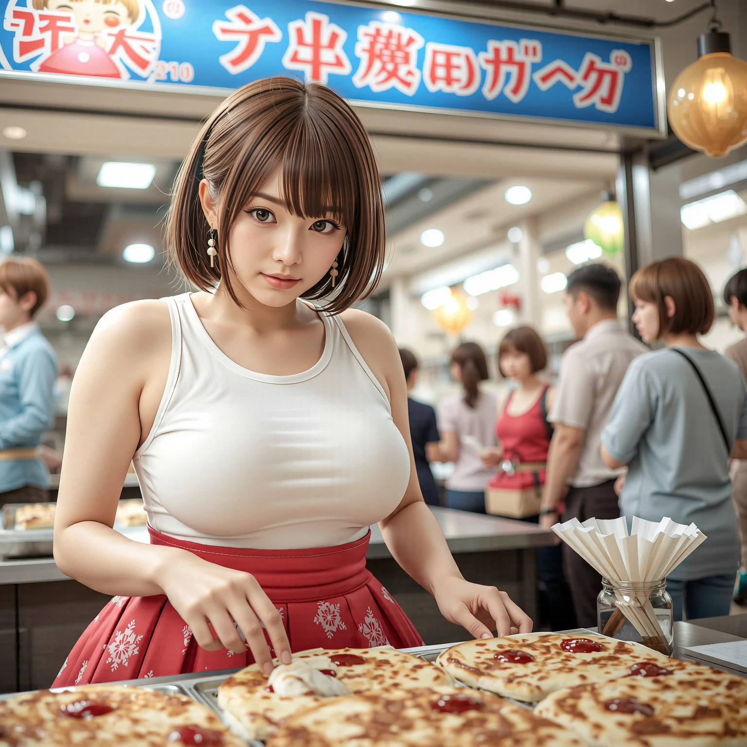 Woman in a tight tank top and tight hot pants eating tortilla at a Spanish street food stall　highest quality　