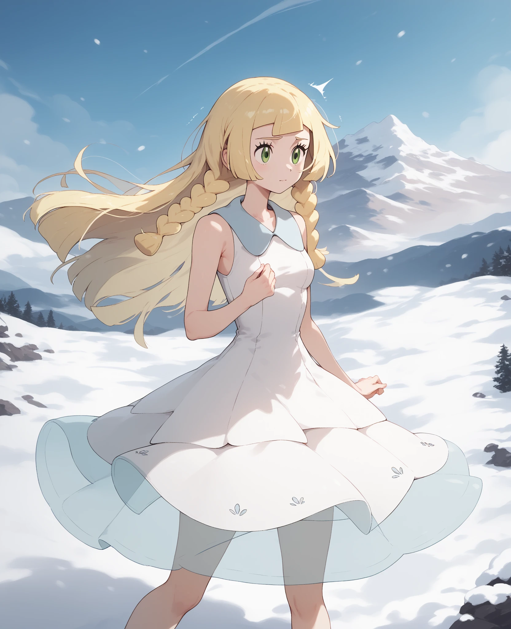 (((Top quality, 4k, 8k, high resolution, masterpiece: 1.2))), (super detailed), (realistic), (photorealistic), (photorealistic: 1.37), (HDR, UHD), (studio (lighting)), ultra-fine drawing, sharp focus, physically based rendering, highly detailed, professional, vibrant colors, perfect ditaile hand, highly detailed realistic eyes, anime, cartoon, 

(((Long shot, Panorama, Distant view, Wide shot, Vast landscape, Expansive vista))), knees, 

Snow, snowy mountain, snow-covered rocky mountain,
Night, dark, heavy snow, Snowstorm, wind blowing and snow falling,

girl, one girl,
Long hair, blonde hair, blue eyes, 
luxurious hair accessories, 
Walking Slowly,

the girl is singing, the girl is screaming, the girl has a sad expression, 
Raise one arm, place one arm on ,
pure white dress, super long dress, silk translucent dress,