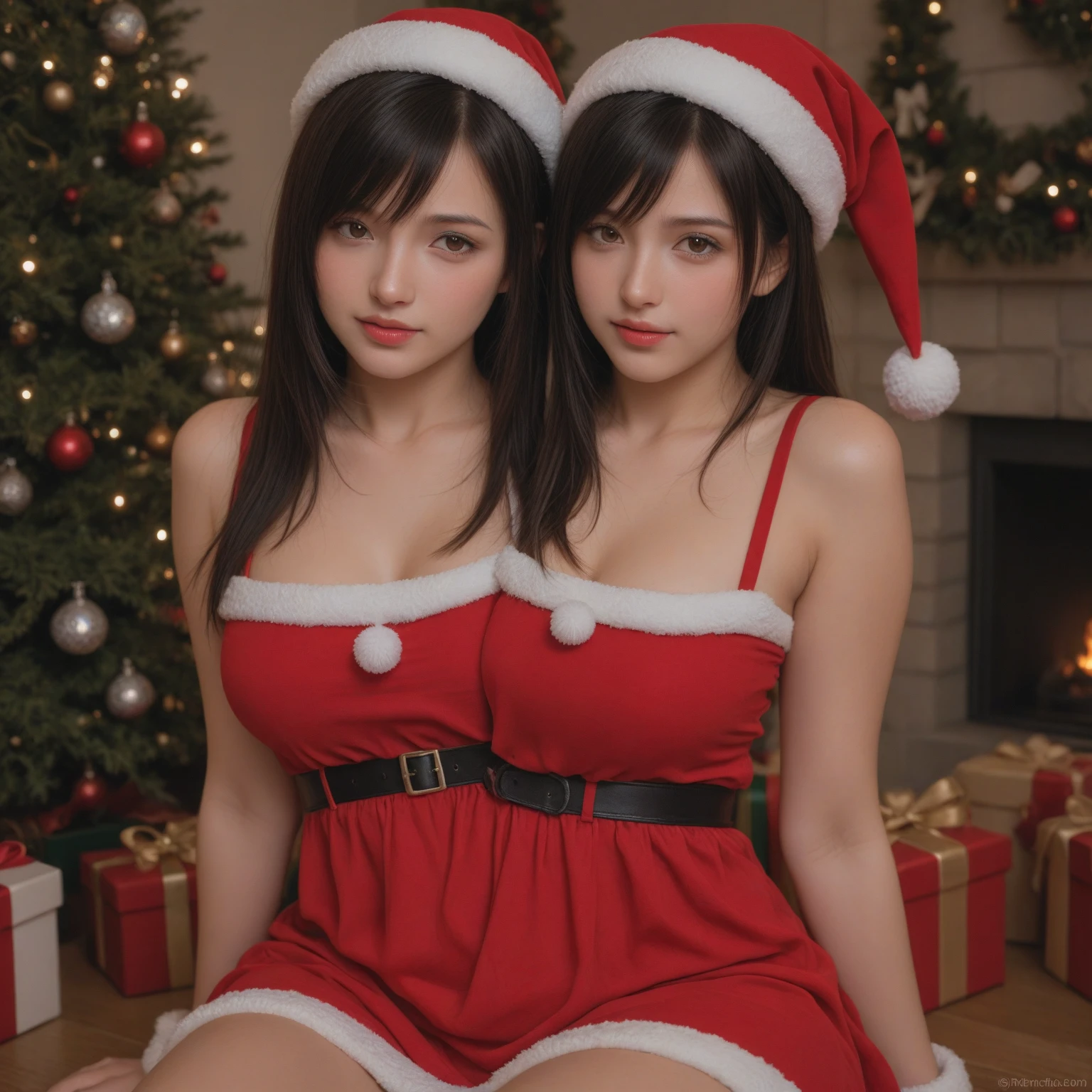 (2girl) two mature voluptuous 30-year-old babes, hugging tightly, in tight santa claus uniforms