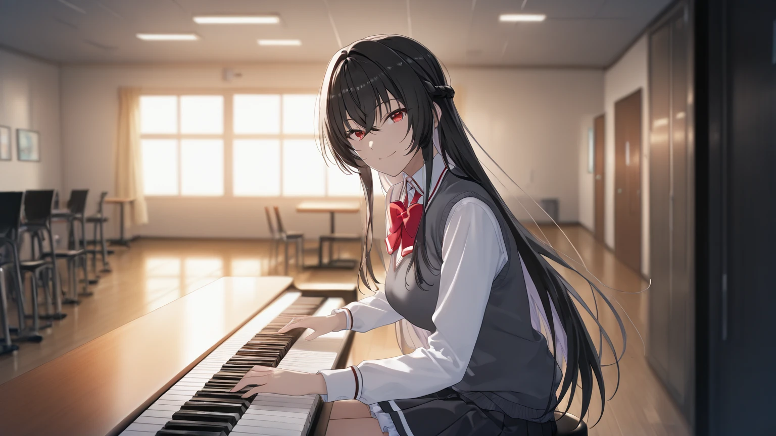 A third grade elementary school girl is playing the piano alone in her room. The girl has long black hair. The girl is wearing a . The hand tips are carefully drawn.