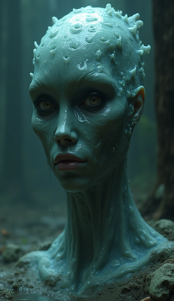 an alien slime monster mimicking a human woman,semi  gelatinous figure with a few air bubbles,wearing a soggy  and ,in an alien dressing room,(best quality,4k,8k,highres,masterpiece:1.2),ultra-detailed,(realistic,photorealistic,photo-realistic:1.37),highly detailed,intricate,complex gelatinous textures,extreme detail description,physically-based rendering,vivid colors,cinematic lighting,science fiction,surreal

