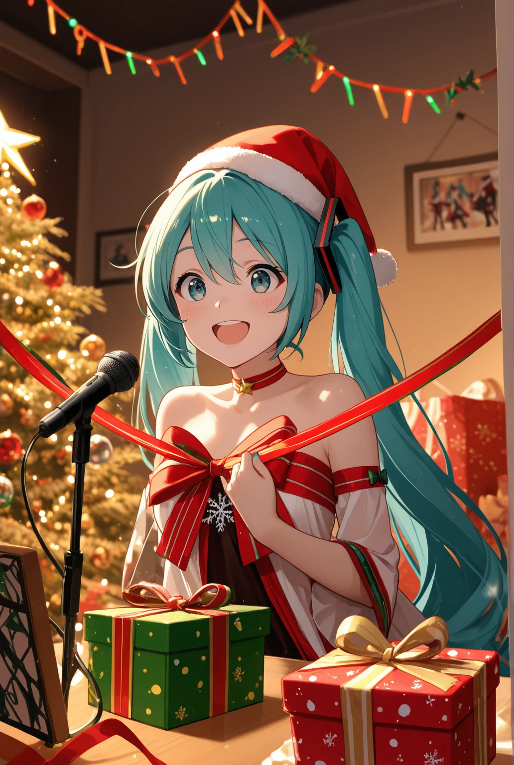 1girl, beautiful girl,cute eyes,smooth skin, smiling,santa cloths,santa bikini,red Santa hat,yellow bells on neck, gifts, perfect hands,holding a gift,medium breasts,hips,miku hatsune, ahoge, aqua eyes, aqua hair, crossed bangs, hair between eyes, hair ornament, headphones, long hair, twintails,nipples, torn close
