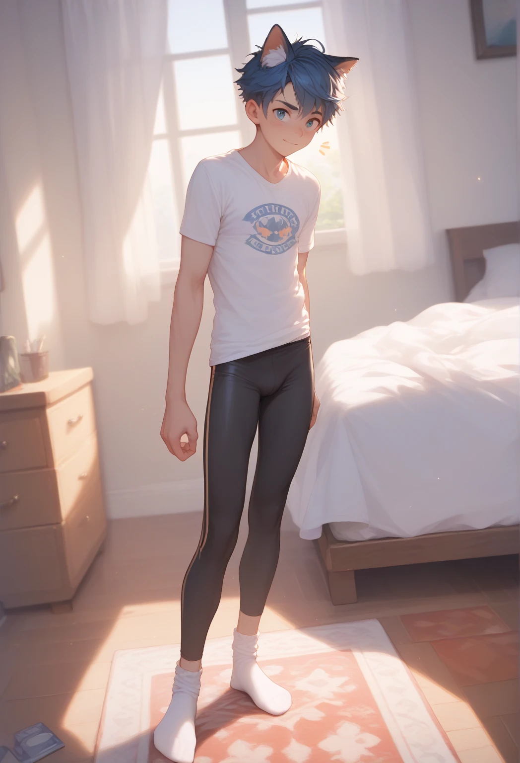 (((male gender))) "An ultra-detailed 8k masterpiece best quality and high saturation. The image features a clothing illustration with a stunning thick european Boy  wearing a tight sheer leggings outfit, including tight , F cup, white sneakers, and a blue background."