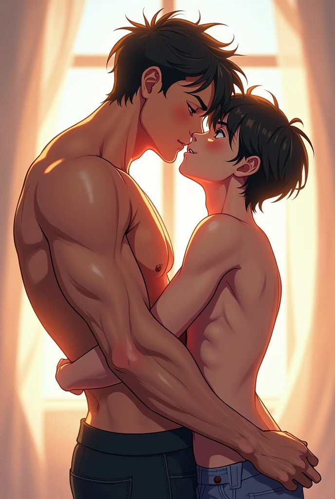 masterpiece，best quality，full  view，2  boys laying in the bed，kiss, pov , have , , , Body shape difference，young people，tall，muscular，，age gap, size gap, long big fat , , dropping , Handsome，detailed faces, look at viewer , ，barefoot, , nice big butts, exquisite eyes，intricate detailessy brown hair，The background is in the house，complex patterns，Best light and shadow，plant，dappled sunshine，During the day，depth of field，summer，artistically，rich and colorful