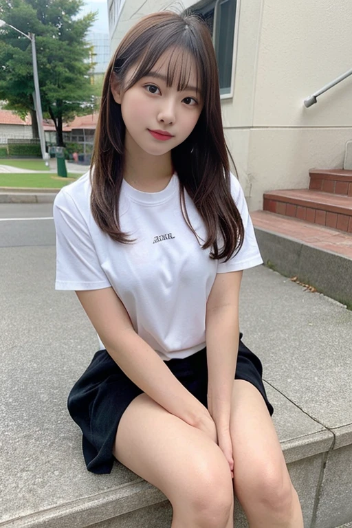 photo realistic, a Japanese pretty girl is holding a board with 1500 written on it, , pretty face, happy, smile, double teeth, eye contact, 14-year-old, short hair, small breasts, flat chest, wearing a T-shits with 1500 printed on it, wearing a headband with 1500 written on it, 