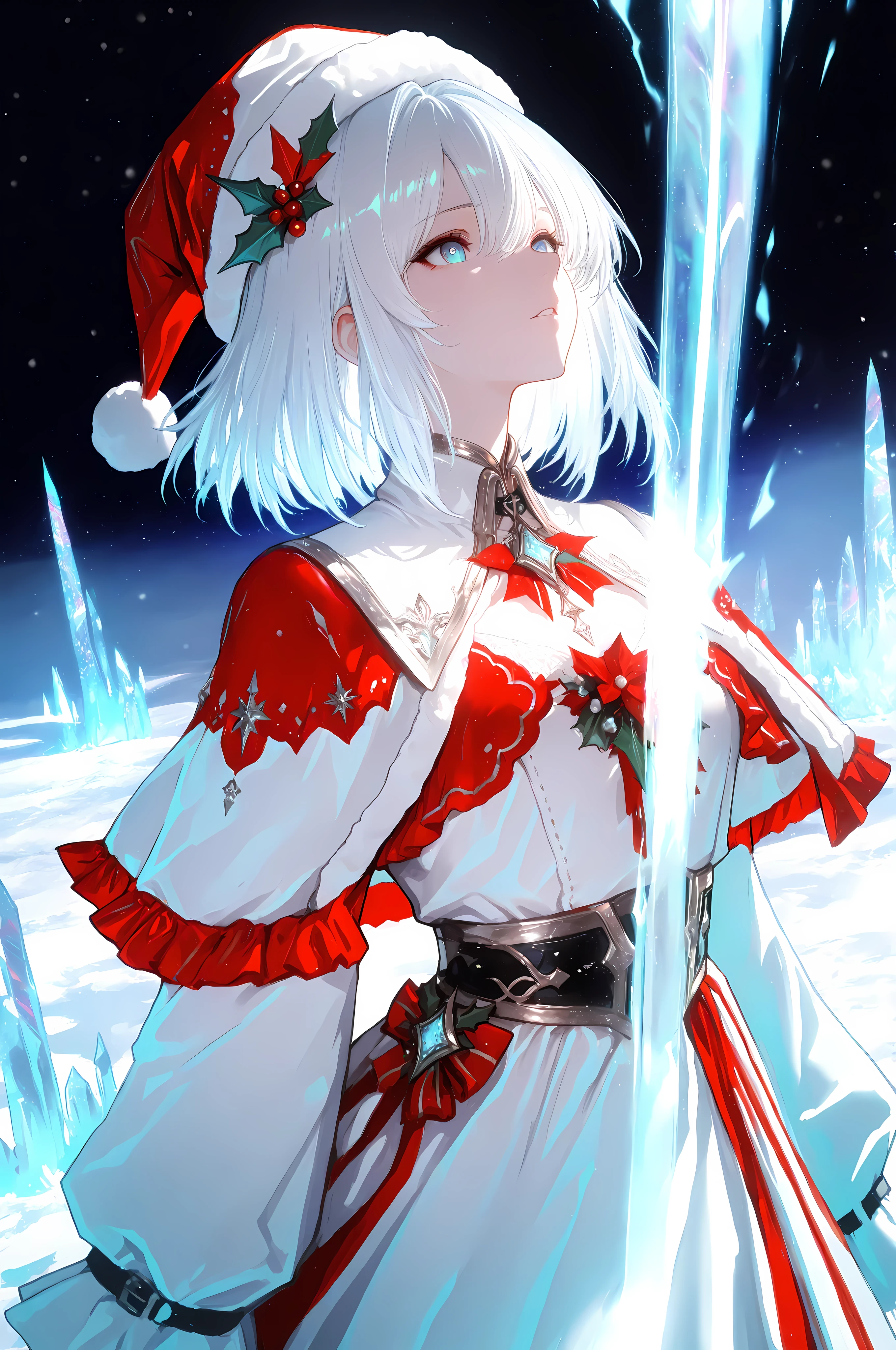 white hair, red eyes, girl, alone, solo, 1girl, short hair, snow woman, white kimono, off shoulder, snowy mountain, blizzard,