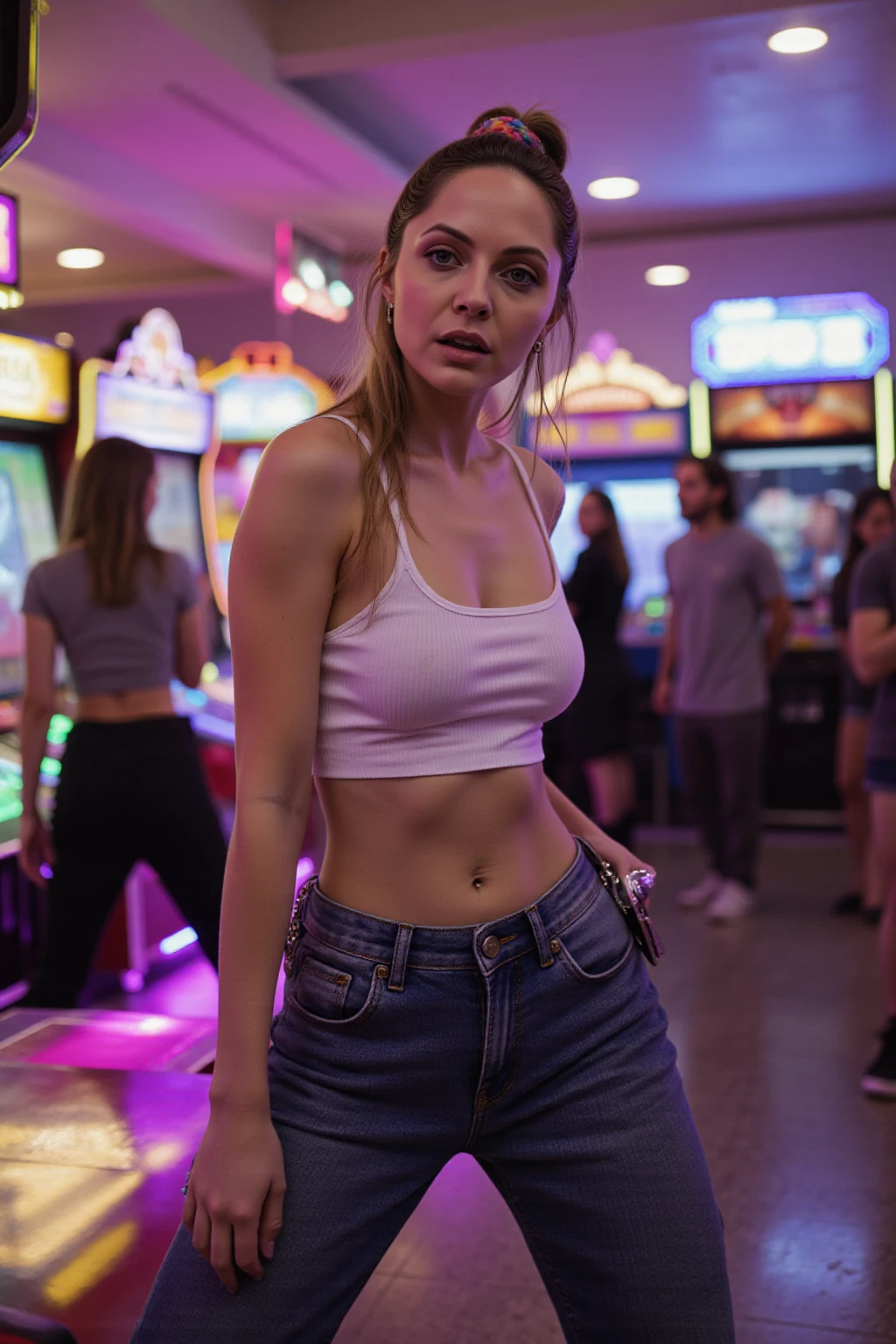 Beautiful blonde 24 years old woman, lolalove, asymmetrical mohawk, wearing yellow bomber jacket, white metal band t-shirt,  80s arcade, college skirt, neon lights, canon 18 mm, night, realistic portrait, highly detailed, analog style, deep cleavage, large breast