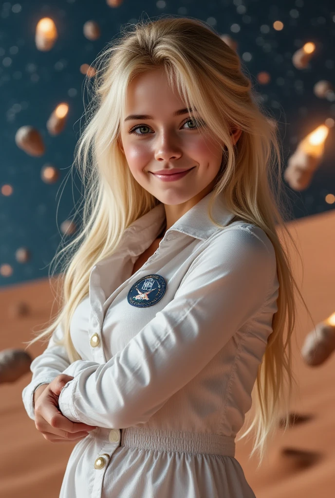 (smile)、((Staring at the audience))、((Wearing a space suit standing on the moon)),(((Grey Bikini Shorts)))、Spacewalk、wear spacesuits, 白いDressed in an astronaut costume, Cute girl in a tank top, girl in space, In space, ((Dressed in an astronaut costume)), woman astronaut, ((月面でOpen Stance))、(( young woman's body:1.4))、Large 、The navel is clean、I can see your belly、Open Stance、
