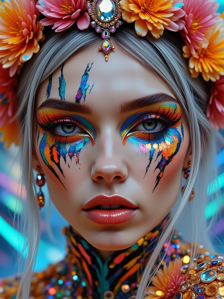 Black light art，(tmasterpiece, top-quality, Best quality at best, offcial art, Beautiful and beautiful:1.2), ((Latina Adult model Daisy Marie)), (1个Giant  Girl:1.3), The is very detailed,(s fractal art:1.2),Colorful, (traditionalcostumes:1.2), The most detailed,( Zentangle neon light:1.2), (dynamicposes), (Abstract background neon lights:1.5), (Glossy glossy skin), (Lots of colors:1.4), neon,16k,Full-HD