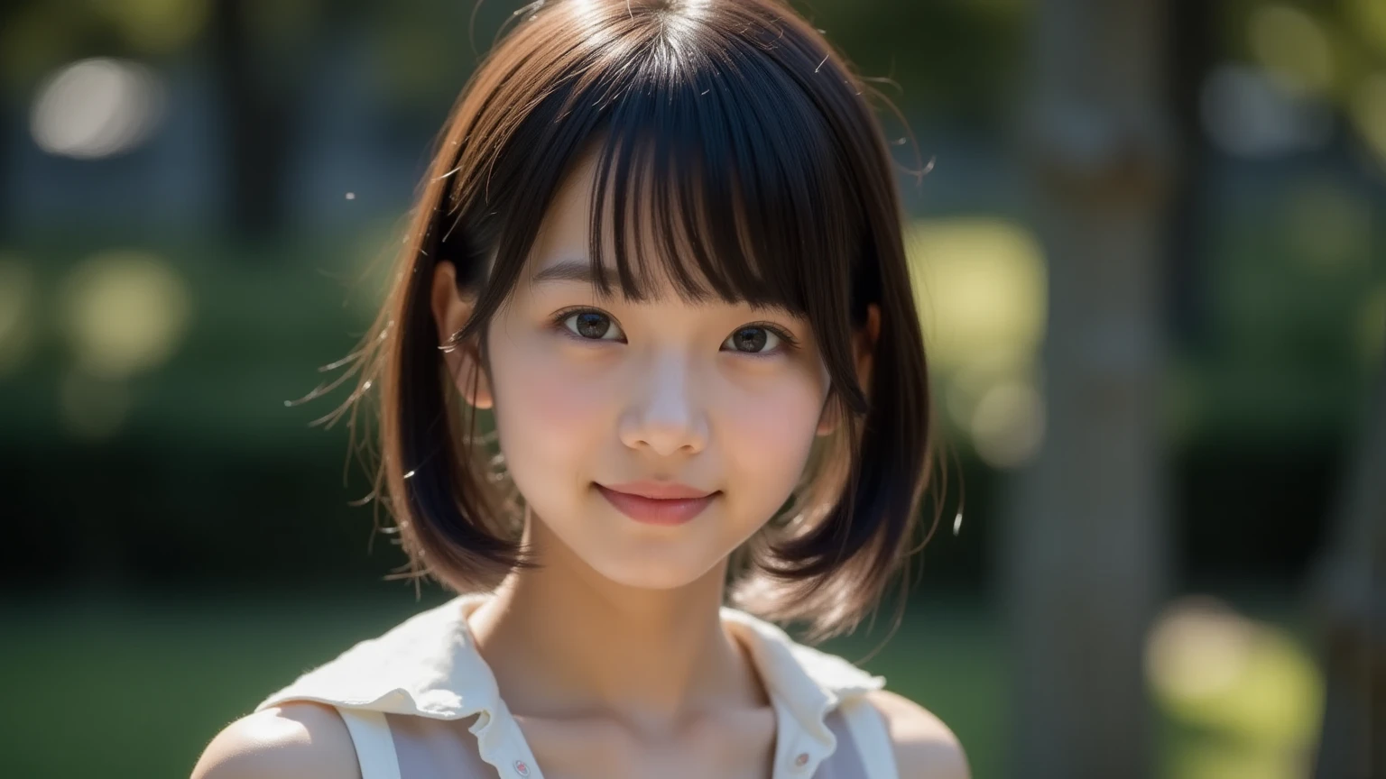 (Best-quality, Masterpiece, Ultra-High-Resolution, (Photorealistic:1.5), Raw Photo, depth of field, professional lighting, perfect , extremely details), 1girl, 15-years-old, the most famous Japanese idol, ((extremely beautiful and extremely realistic skins):1.4), wearing summer-dress, (extremely cute realistic-face, ((extremely cute and extremely big realistic-eyes), extremely cute realistic-hair), innocent smile, selfie